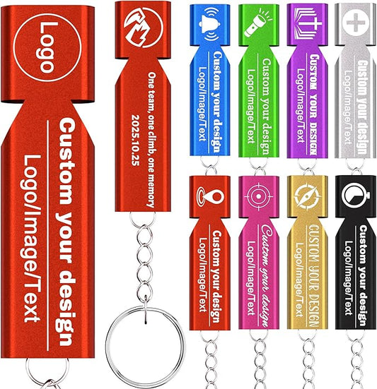 10Pcs Custom Emergency Whistles, Personalized Aluminum Safety Survival Whistle with Keychain, Engraved Name or Logo, Double Tube High Pitch for Outdoor Camping, Hiking, Boating, Fishing