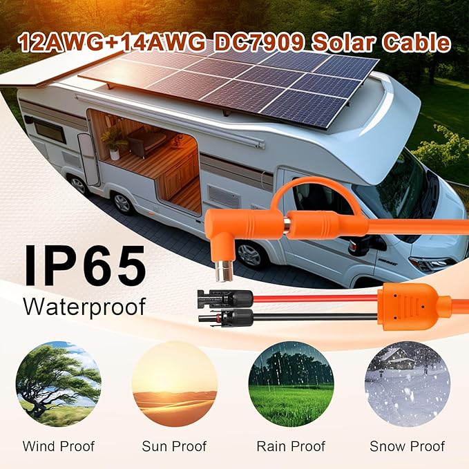 Solar to DC 8mm Charge Extension Cable 50FT,12AWG+14AWG Solar Cable with Solar Panel Connector to DC7909/8020 Compatible with Anker,GZ Yeti,BLUETT,Jackery Portable Power Station
