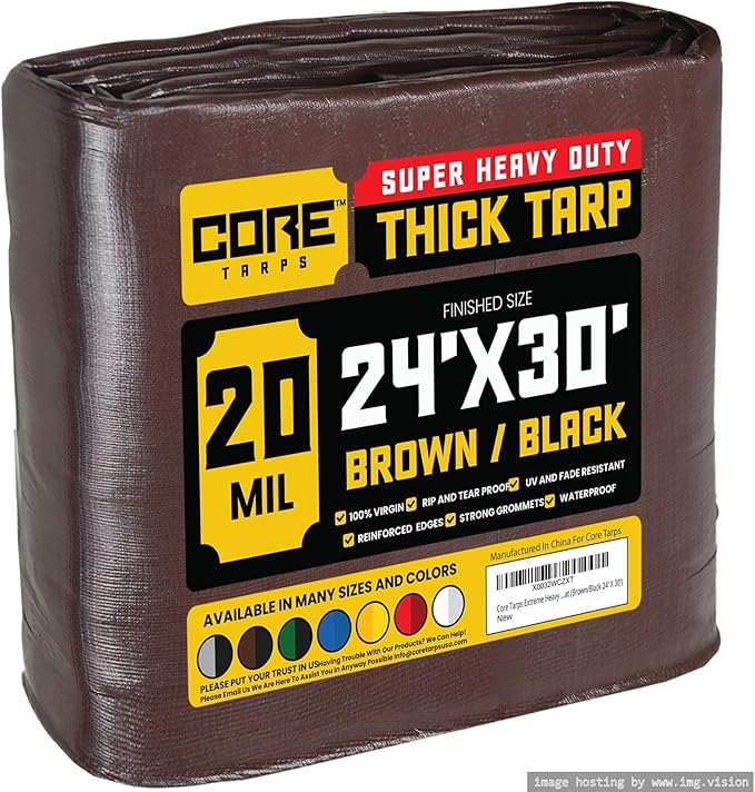 Core Tarps Extreme Heavy Duty 20 Mil Tarp Cover, Waterproof, UV Resistant, Rip and Tear Proof, Poly Tarpaulin with Reinforced Edges for Roof, Camping, Patio, Pool, Boat (Brown/Black 24′ X 30′)