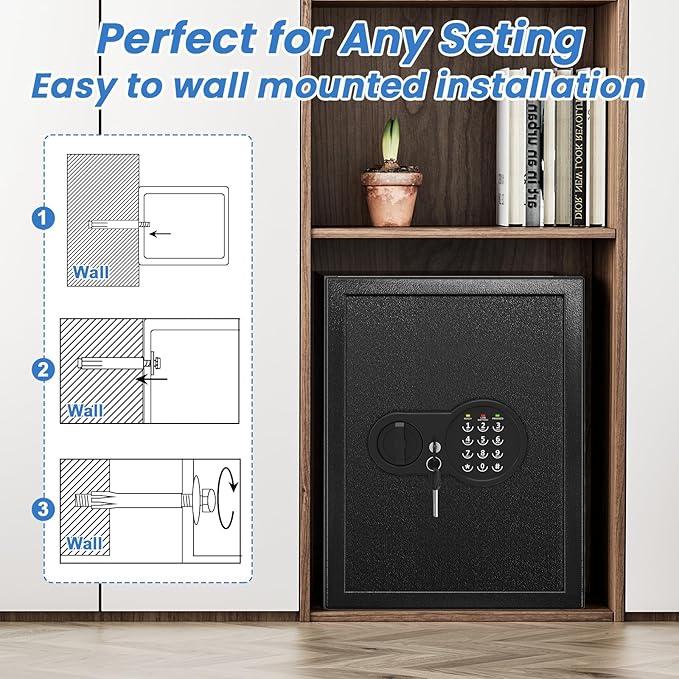 2.0 Cuft Safes with Fireproof Bag and Removable Shelf, Home Safe with Keys & Pass Code & Wall Mount Kits, Security Document Safe for Home, Hotel, Office, Valuables, Money, 13.7''W×12.1''D×17.6''H