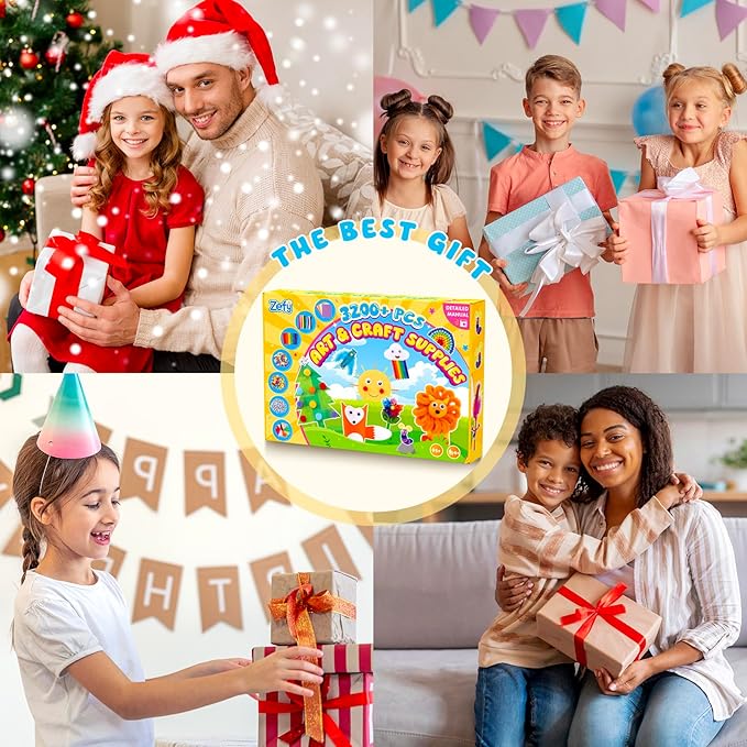 Zefy 3200+ Pcs Arts and Crafts Supplies for Kids, All in One Craft Kits with 12 Crafts Design, DIY School Supplies Kit Craft Box Christmas Gifts for Girls Boys Ages 4-12
