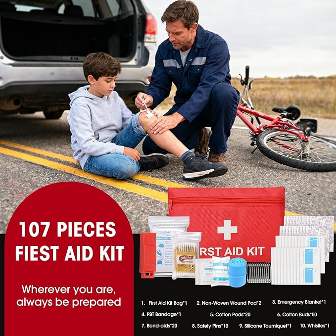 Roadside Emergency car Kits for Vehicles, 12PCS Car Safety Kit with Jumper Cables, Portable Air Compressor, Tow Strap, Tool Kit, Road Trip Essentials for Women, Men, Christmas Gifts