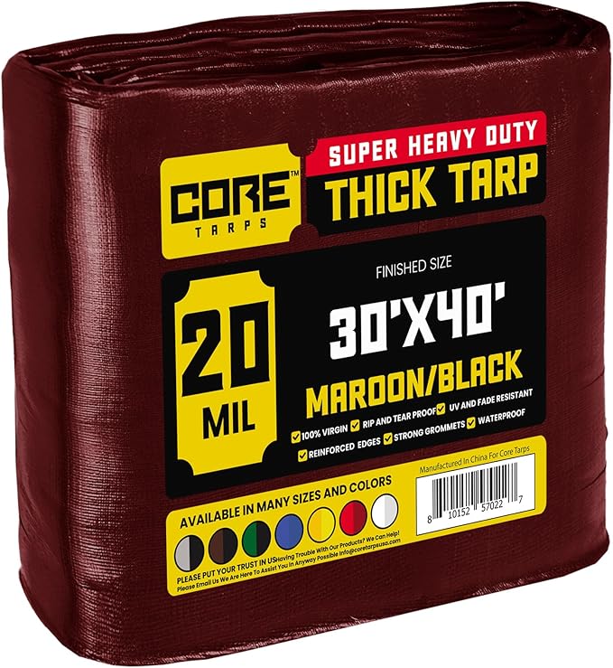 Core Tarps Extreme Heavy Duty 20 Mil Tarp Cover, Waterproof, UV Resistant, Rip and Tear Proof, Poly Tarpaulin with Reinforced Edges for Roof, Camping, Patio, Pool, Boat (Maroon/Black 30′ X 40′)