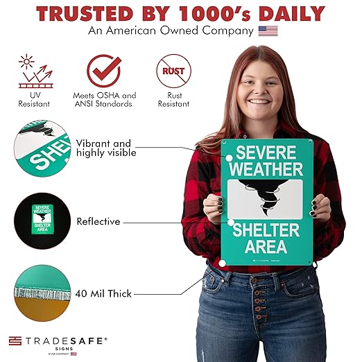 TRADESAFE Severe Weather Shelter Area Sign - Storm Shelter Sign, Quick Install, Light Reflective, UV-Resistant, Waterproof, 10” X 14” Aluminum Safety Signs for Business