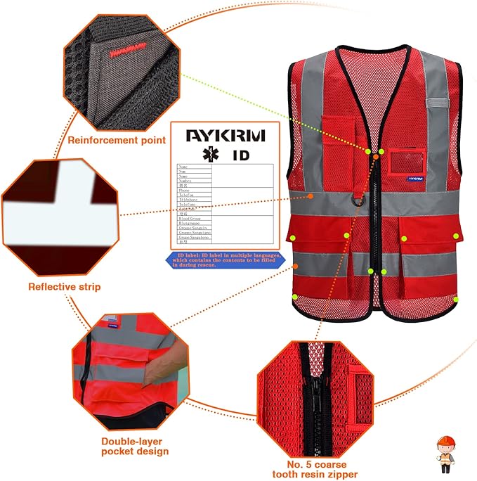 A-SAFETY Big and Tall Red Reflective Safety Vest 4XL 5XL