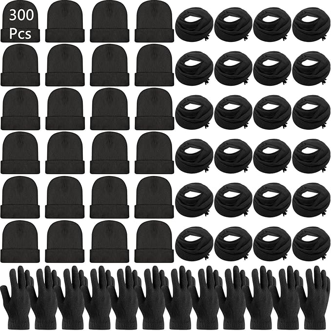 Unittype 300 Pcs Winter Homeless Care Supplies Bulk - Beanies Caps Gloves Scarves Set for Community Charity Church Donation