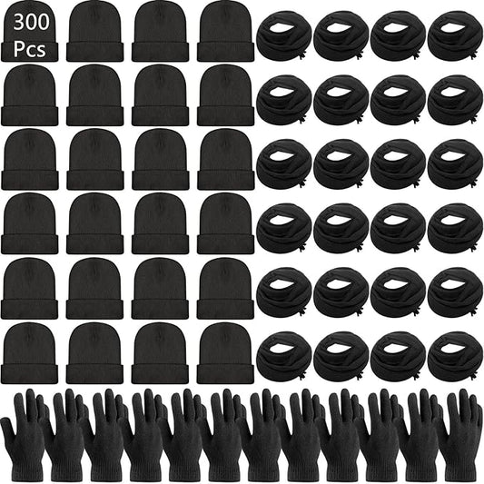 Unittype 300 Pcs Winter Homeless Care Supplies Bulk - Beanies Caps Gloves Scarves Set for Community Charity Church Donation