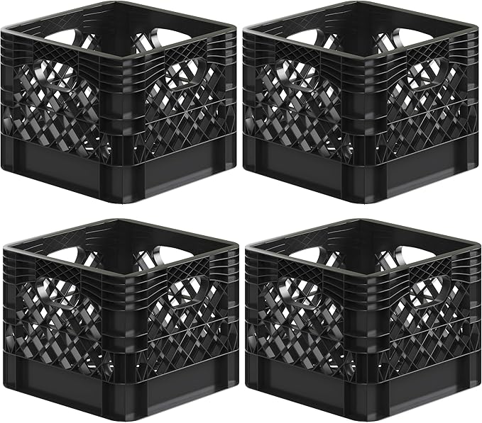 13 in. x 13 in. x 11 in. Heavy-Duty Black 16 Qt Milk Crate | 4 Pack | Stackable Storage Container with Handles