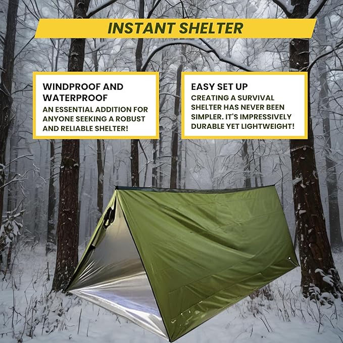 New ThermoShield™ Technology – Ultimate 2-Person Ultralight Mylar Survival Tent with Reinforced Paracord & Emergency Whistle • All-Weather Protection for Hiking, Camping & Survival Kits