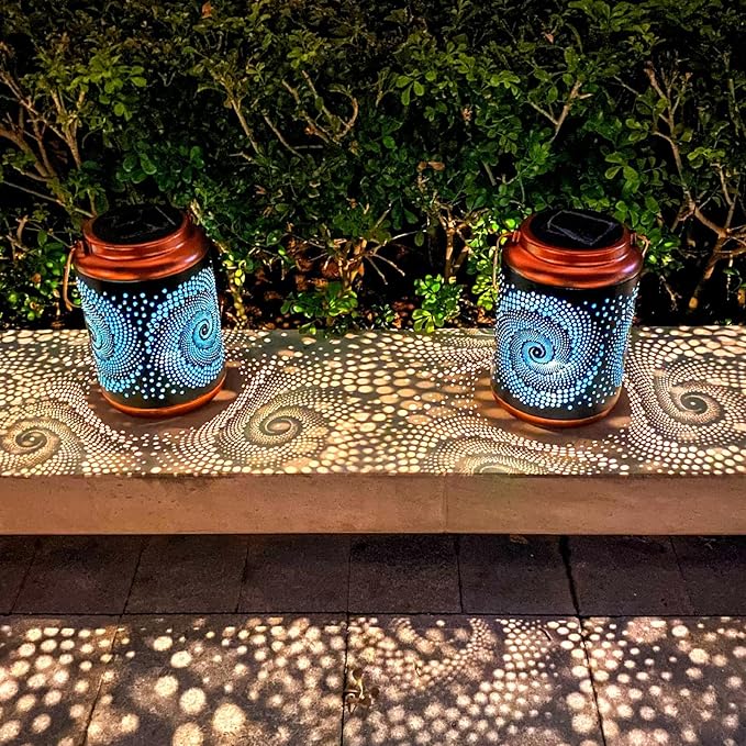 YISITEONE 4-Pack Solar Outdoor Hanging Lanterns, Waterproof Garden Table LED Lights, Metal Decorations for Patio Yard Lawn Front Porch, Gardening Gifts for Women Mom Grandma (2 Bohemian & 2 Dragonfly)