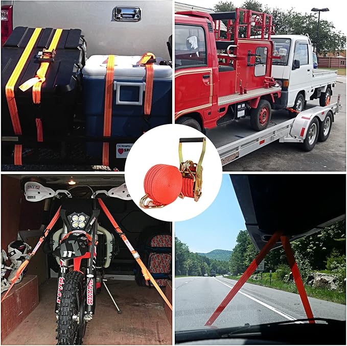 HNBun 4 Pack Ratchet Tie Down Straps, 2 Inch x 20 Feet, 10,000 lbs Break Strength, Heavy Duty Cargo Lashing Straps with Double J Hooks for Trailer, Truck, and Farm Equipment, Red