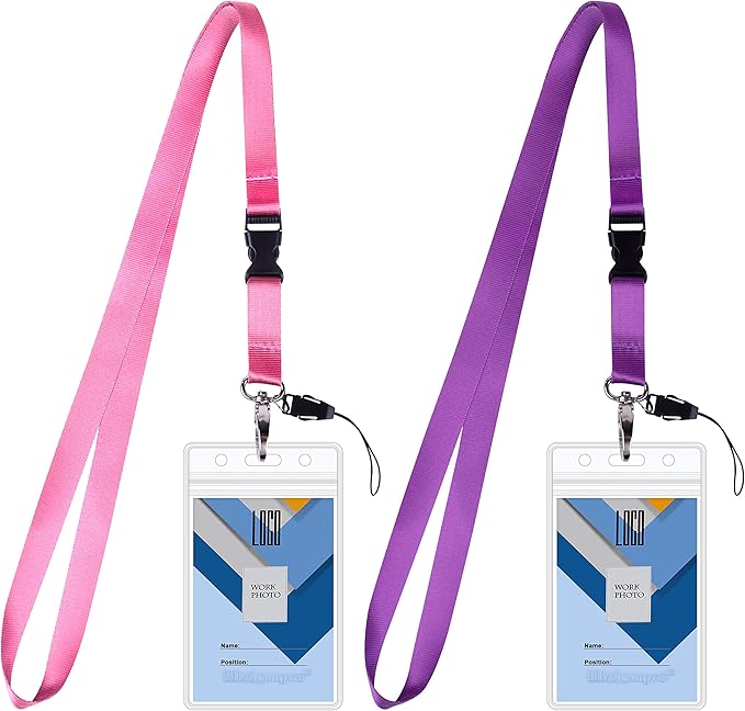 Cruise Lanyard Badge Holder, Wisdompro Vertical 2-Sided 2 Card Slot Waterproof Clear PVC ID Tag Holder with Ziplock and 20.8’’ Heavy Duty Detachable Neck Strap - 2 Set, Pink/Purple