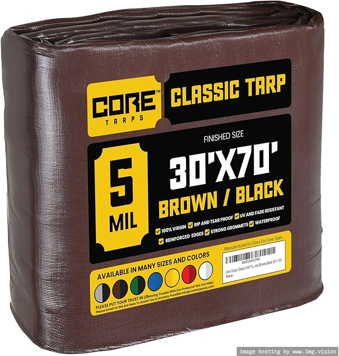 Core Tarps Classic 5 Mil Tarp Cover, Waterproof, UV Resistant, Rip and Tear Proof, Poly Tarpaulin with Reinforced Edges for Roof, Camping, Patio, Pool Cover, Boat (Brown/Black 30′ X 70′)
