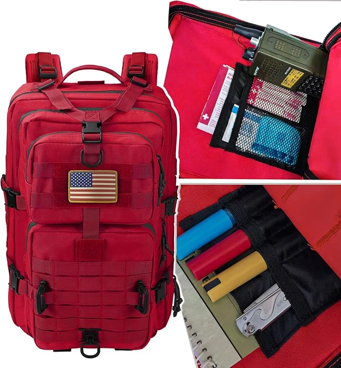 MOLLE Assault Backpack, Tactical Backpack Military Army Camping Rucksack, 3-Day Pack Trip w/USA Flag Patch, D-Rings, Red