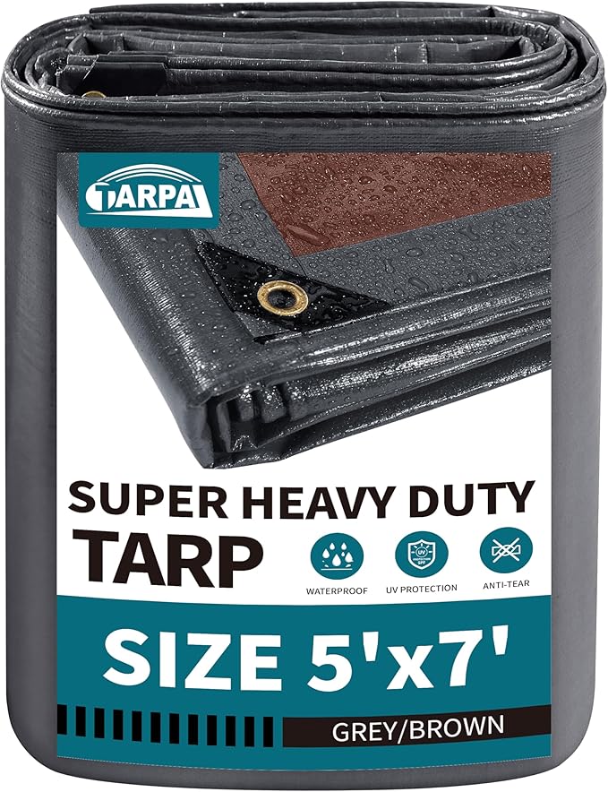 TARPAL tarp 5x7 Feet Super Heavy Duty Tarps Cover 20mil Waterproof UV Protection Rip and Tear Proof Tarpaulin with Grommets(Grey/Brown)