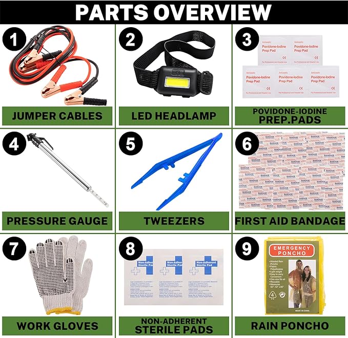 Car Roadside Emergency Kit with Battery Jumper Cables,Car Accessories for Men or Women,Automotive Safety Kit for Car,Vehicle, Truck or SUV,Gifts for Men or Him,Green