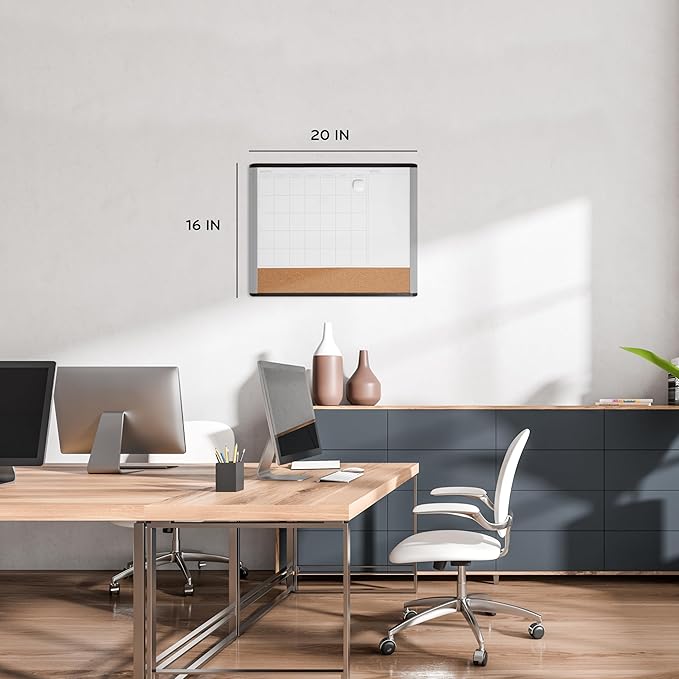 U Brands Magnetic Dry Erase 3-in-1 Calendar White Board, 16" x 20", Black and Gray Frame