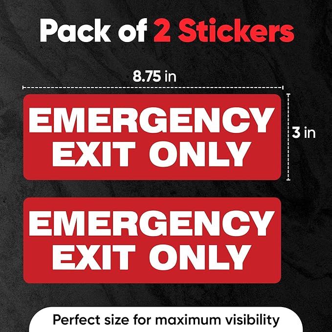 | Emergency Exit Only Sign Stickers (2 Pack), 8.75x3 – Strong Adhesive, Durable, Waterproof Exit Sign Stickers for Doors and Walls – Perfect for Emergency Exit Only Signage.
