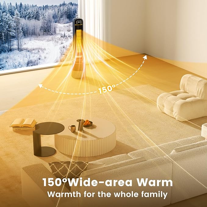 VCJ 36" Space Heaters, 1500W 12H Timer Electric Heater for Indoor Use, Remote, 150° Oscillation, Water Mist, Overheat & Tip-Over Protection, Quiet Portable Tower Heater for Bedroom Living Room Garage