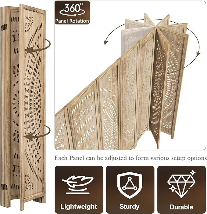 WelFurGeer Handcrafted Carved Wooden Room Divider Screen, Folding Privacy Screen for Room Separation, Decorative Room Dividers, 360° Adjustable Folding Panels for Privacy, Home, Office & Patio