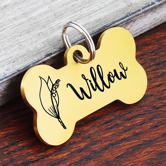 Ultra Joys Personalized Dog Tags for Pets - Durable Stainless Steel Customizable Dog Cat ID Tags - Dog Tags for Safety Optional Engraved on Both Sides -Birth Flower Dog Tag Large, Gold