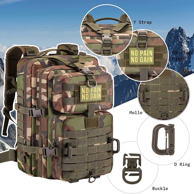 MOLLE Assault Backpack, Tactical Backpack Military Army Camping Rucksack, 3-Day Pack Trip w/Patch, D-Rings, Woodland