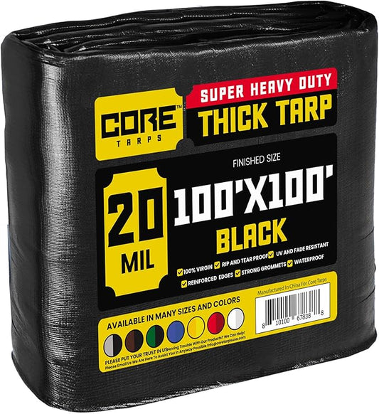 Core Tarps Extreme Heavy Duty 20 Mil Tarp Cover, Waterproof, UV Resistant, Rip and Tear Proof, Poly Tarpaulin with Reinforced Edges for Roof, Camping, Patio, Pool, Boat (Black 100′ X 100′)