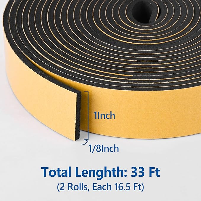 Kikerike Self Adhesive Foam Tape Weatherstrip 1in x 1/8in x 33Ft High Density Foam Insulation Strips Foam Seal Weather Stripping with Strong Adhesive for Door and Window Sound Isolation Soundproofing