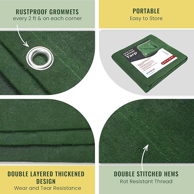 REDIBLUE 8 x 10 ft Heavy Duty Canvas Tarp, Multi Purpose Use for Camping, Tent Canopy, Outdoor, Rustproof Grommets, Durable, Water Resistant, Cotton 17oz - Olive Drab