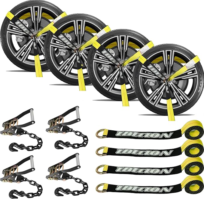 4 Pack Car Tie Down Straps for Trailers with Heavy Duty Chain Anchors 2" x 96" - 3,300 lbs Safe Working Load -Adjustable Wheel Straps with Chain Hook Anchors for Trailers.Yellow