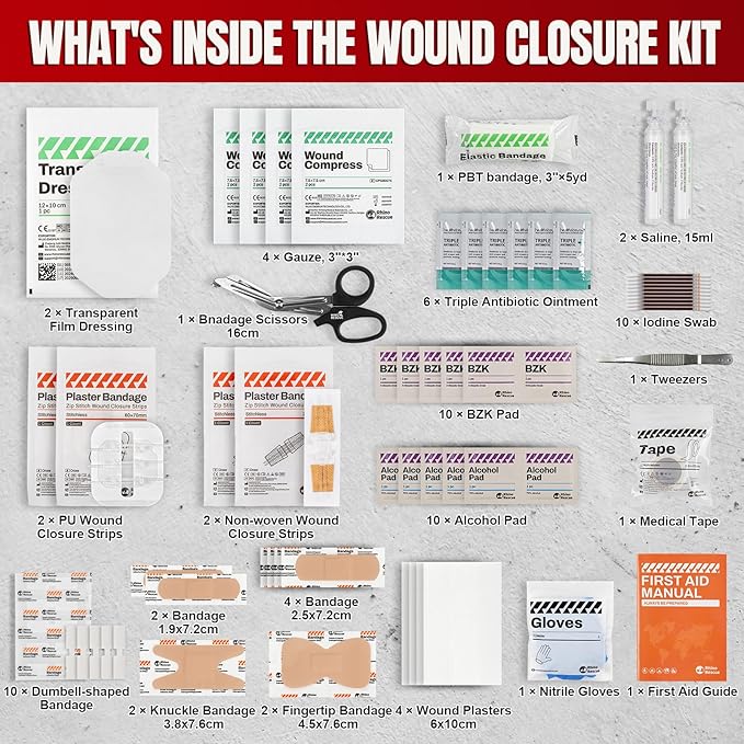 RHINO RESCUE Wound Closure Kit, 3 Types Butterfly Bandages with Bandages, Triple Antibiotic Ointment, Wound Closure Strips, Stitchless & Painless Stitch Zip Laceration Closure First Aid Kit