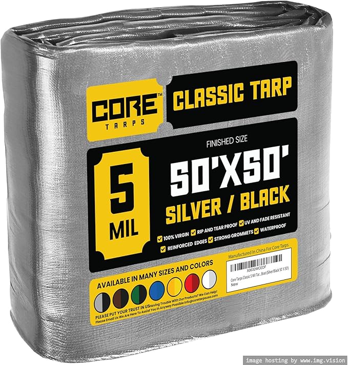 Core Tarps Classic 5 Mil Tarp Cover, Waterproof, UV Resistant, Rip and Tear Proof, Poly Tarpaulin with Reinforced Edges for Roof, Camping, Patio, Pool Cover, Boat (Silver/Black 50′ X 50′)