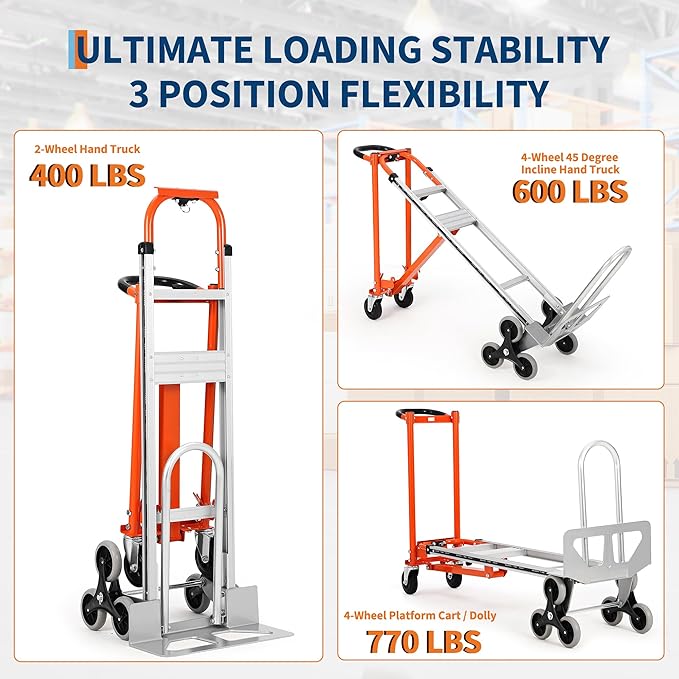 3 in 1 Convertible Hand Truck Dolly, 770 LBS Load Capacity Folding Cart with Stair Climber Wheels, Elastic Straps, Aluminum Convertible Hand Truck for Home, Warehouse, Supermarket, Office