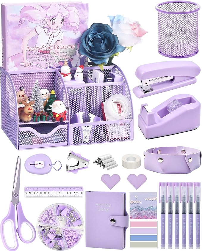 Purple Desk Accessories, 26Pcs Office Supplies and Desk Organizers, with Tape Dispenser, Stapler, Staple Remover Ect, Christmas Gifts