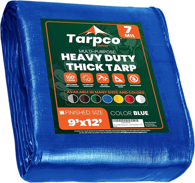 Tarpco Safety Heavy Duty 7 Mil Tarp Cover, Waterproof, UV Resistant, Rip and Tear Proof, Poly Tarpaulin with Reinforced Edges for Roof, Camping, Patio, Pool Cover, Boat (Blue 9′ X 12′)