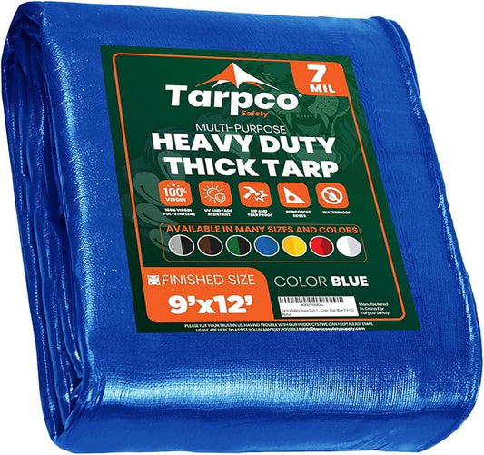 Tarpco Safety Heavy Duty 7 Mil Tarp Cover, Waterproof, UV Resistant, Rip and Tear Proof, Poly Tarpaulin with Reinforced Edges for Roof, Camping, Patio, Pool Cover, Boat (Blue 9′ X 12′)