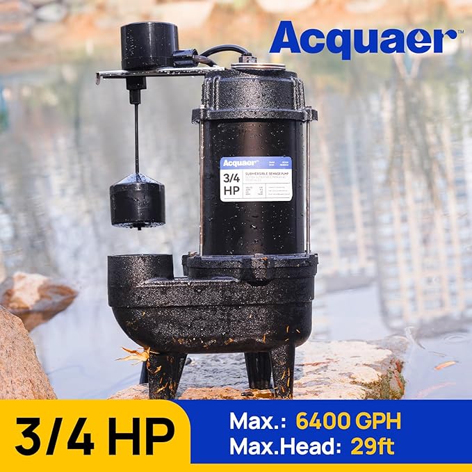 Acquaer 3/4HP Sewage Pump Submersible, 6400 GPH Cast Iron with Automatic Integrated Vertical Float Switch and Piggyback Plug, 2'' NPT Discharge Basements Pump for Wastewater, Sewer