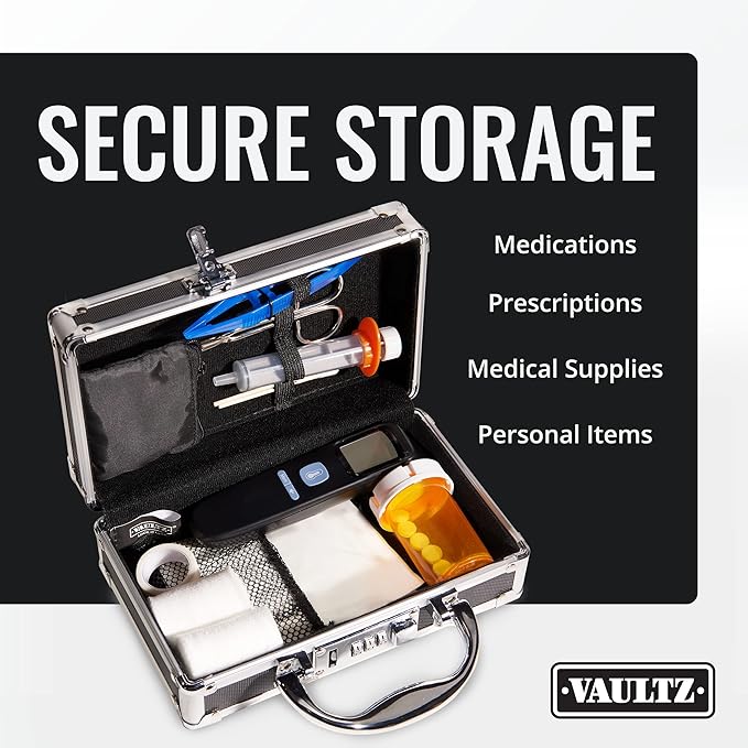 Vaultz Medicine Safe Case w/Combination Lock - Pack of 1 Cases, 8.35 x 5 x 2.5" - Black