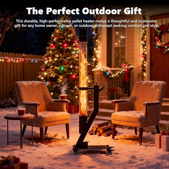 Patio Heater with Clean Ash System, Portable Wood Pellet Patio Heater - Rocket Stove & Glass Tube Outdoor Fire Pit for Backyard, Camping, Deck, Garden, All Seasons