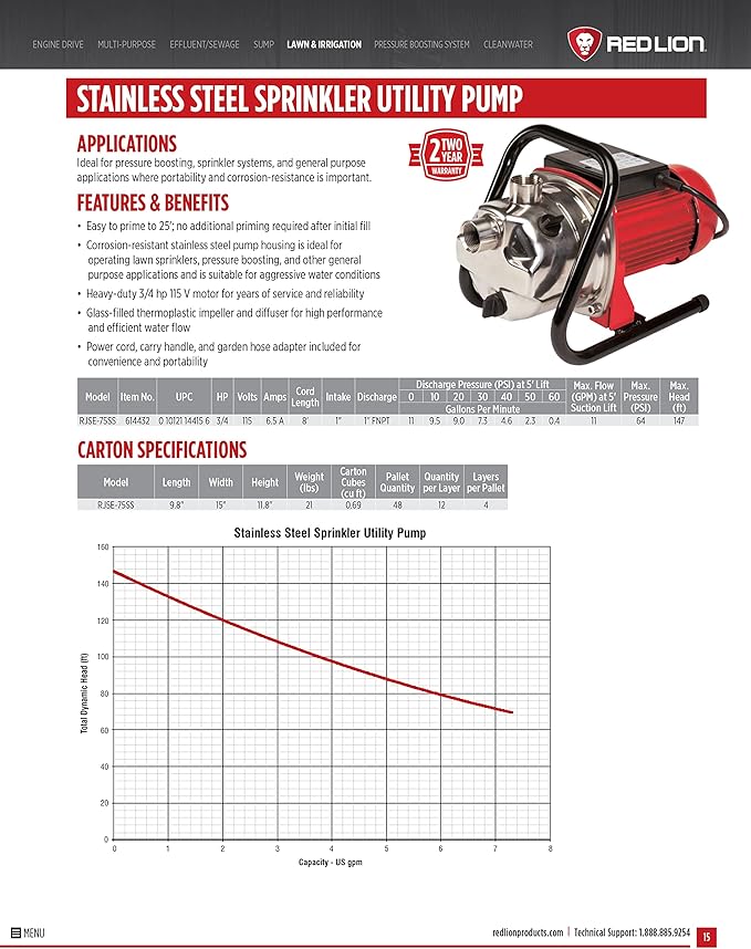 Red Lion RJSE-75SS 115 Volt, 3/4 HP, 11 GPM Stainless Steel Sprinkler Utility Pump with 8-ft. Cord, Red, 614432