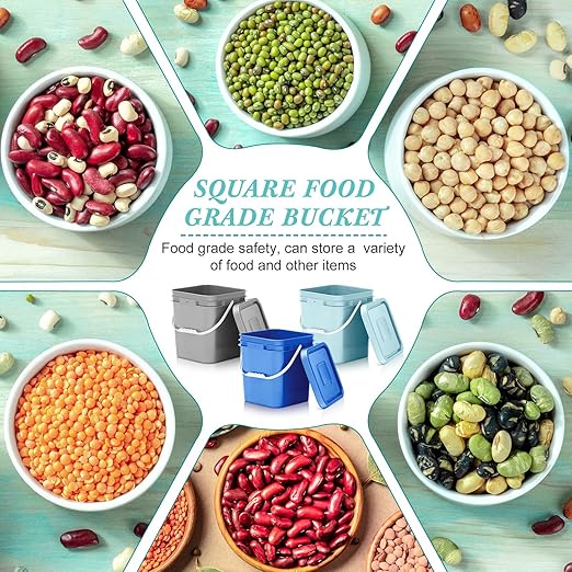 Mumufy 3 Pcs 3.5 Gallon Square Food Grade Bucket with Lid Square Bucket Pail with Plastic Handles for Storing Dry Food, Charcoal, Camping, Fishing (Aqua,Gray,Blue)