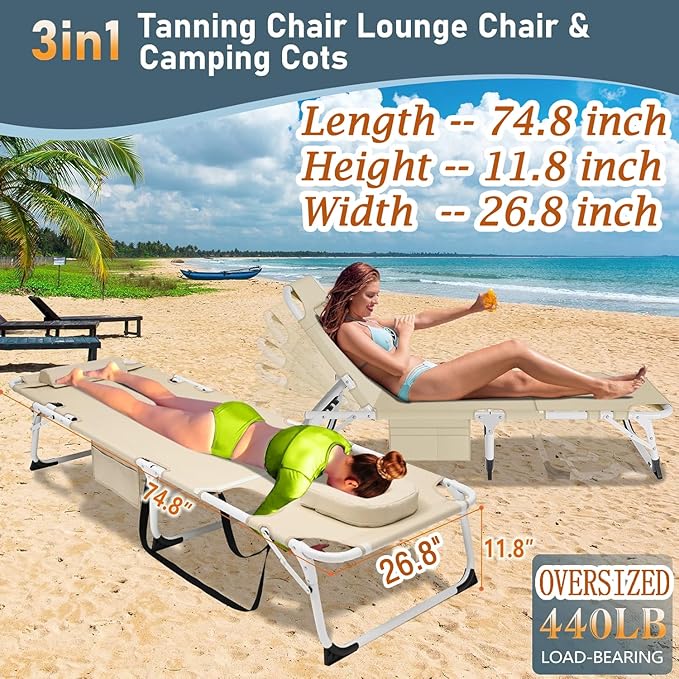 ABORON Patio Lounge Chair, Folding Guest Bed Cot for Adults, 500LB Heavy-Duty Capacity, Portable Extra Bed with Comfort Mat, Quick Fold Design for Indoor Guest Stays & Temporary Use