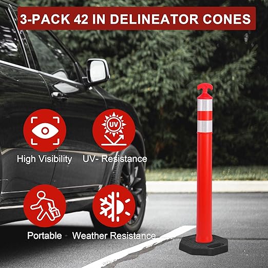 OrangeStar 3-Pack 42" Traffic Cones with Heavy Duty Base & Reflective Collars, Safety Delineators for Road Construction, Parking Lot, Traffic Control