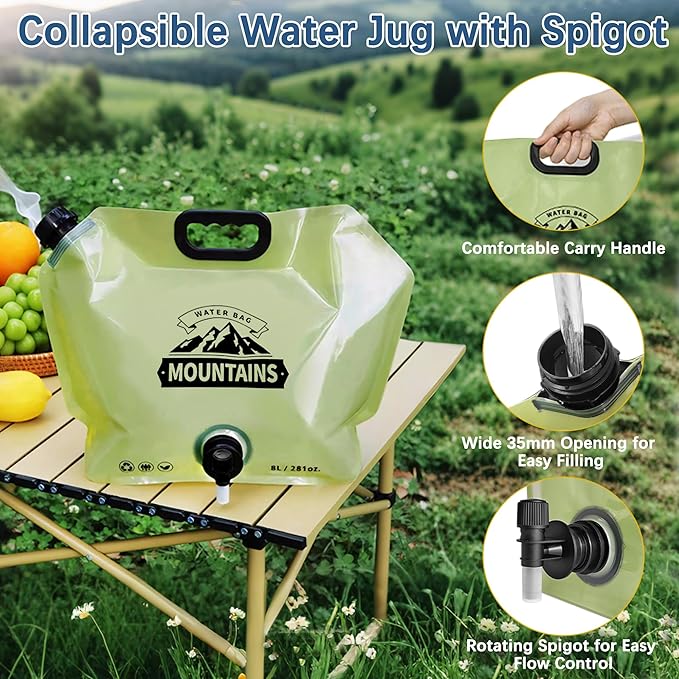 Water Jug Camping 2.1 Gallon Collapsible with Spigot, BPA Free Portable Water Pouch Foldable Water Bags for Outdoor Hiking, Travel and Emergency & Water Storage Containers (Green-1Pcs)