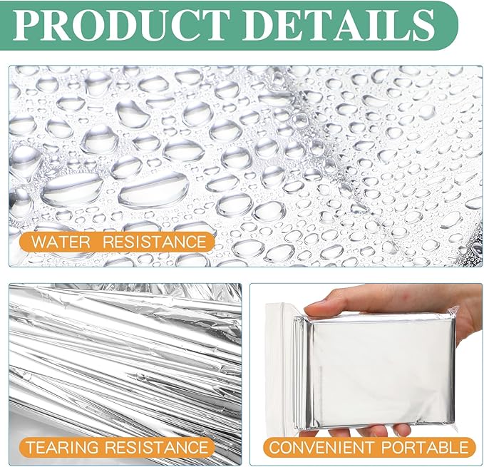 Macarrie 120 Pack Emergency Foil Thermal Blankets Silver Foil Survival Space Blanket Kit for Outdoors, Camping, Hiking, Homeless, Survival or First Aid, Silver