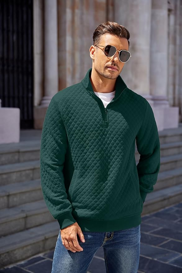 COOFANDY Mens Quarter Zip Pullover Quilted Sweatshirt Knit Long Sleeve Mock Neck Sweater Polo with Pocket
