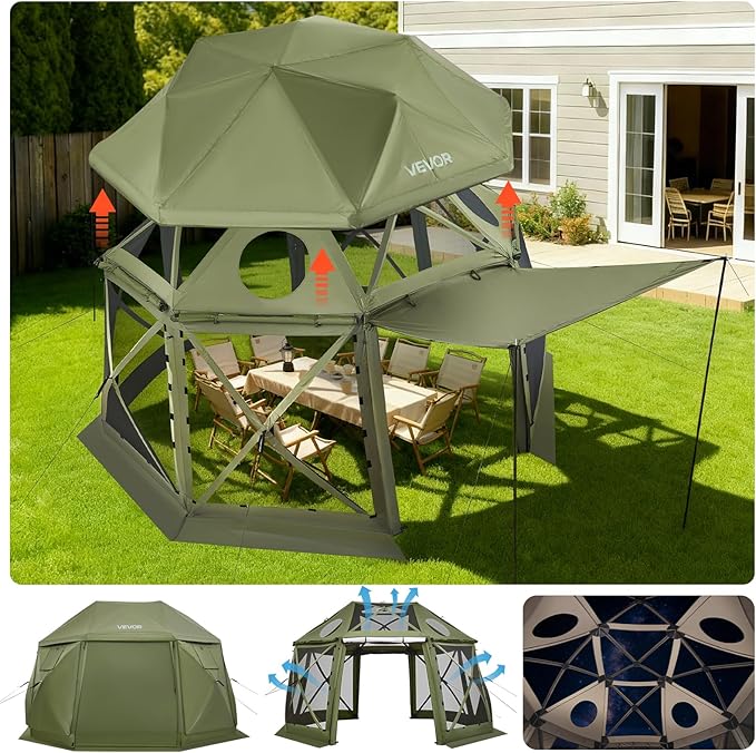VEVOR Pop up Gazebo Screen Tent, 13 x 13 ft, 13-Sided Spherical Camping Canopy Tent with Removable Top & Carry Bag, Quick-Set & Bite-Proof, Screen House Sun Shelter for 10-12 Persons, Green