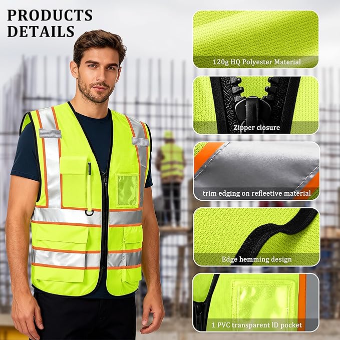 Custom Safety Vest with Logo, High Visibility Reflective Personalized Vest with Pockets and Zipper for Men Women Work