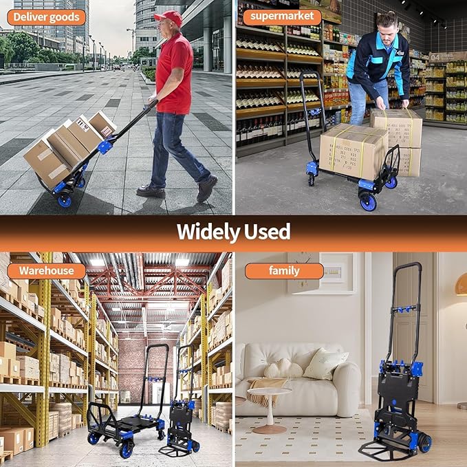 2-in-1Hand Truck Dolly Foldable with Folding Basket, 330LB Folding Hand Truck Heavy Duty Carrying, Combination of 4 Wheels and 2 Wheels Convertible Dolly Cart with Retractable Handle Cart for Moving