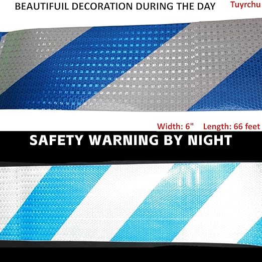 Reflective Tape Blue White 6 inch Wide for Bikes, Outdoor Waterproof High Visibility Safety Warning Adhesive Strips (66 feet)